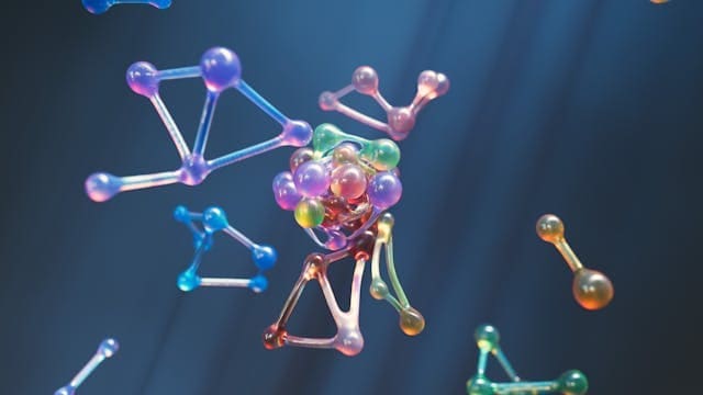 A 3D scientific visualization of translucent, colorful molecular structures representing NAD+ coenzymes in a cellular environment.
