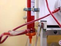 Close-up of the Stratos EBOO filter where cellular debris and micro-clots are removed from the circulating blood.