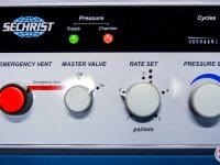 Close-up of the pressure and cycle controls on a Sechrist Hyperbaric Oxygen Therapy (HBOT) Chamber at AMA.